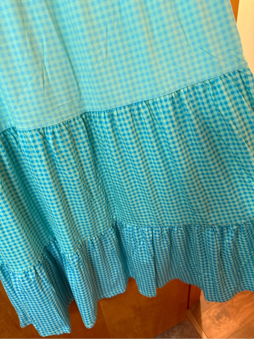 Lands’ End Sleeveless Tiered Maxi Dress Blue Green Check Medium 10-12 FLAW READ - Picture 7 of 14